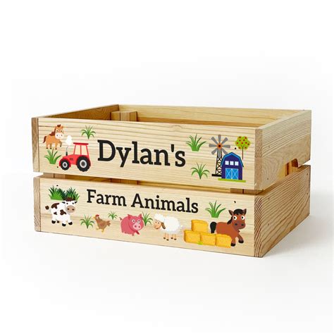 Personalised Kids Toy Farm Animals Wooden Storage Toy Box Crate for Children, Kids BOY GIRL Gift ...