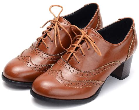 Odema Womens PU Leather Oxfords Brogue Wingtip Lace up Chunky High Heel ...