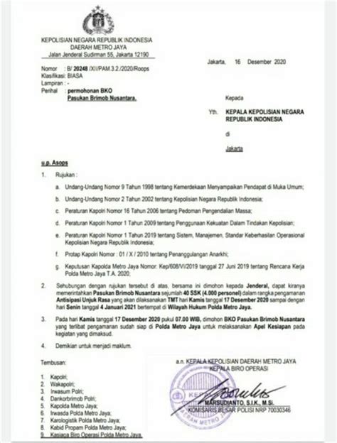 Jelang Aksi 1812, Beredar Surat Permintaan Polda Metro Jaya Datangkan Brimob Nusantara