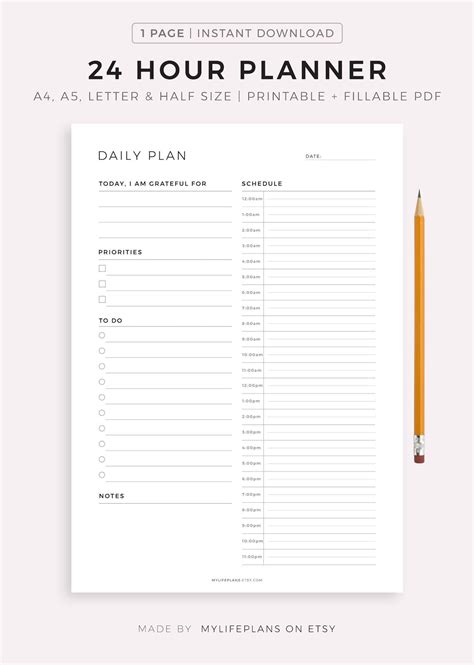 24 Hour Daily Planner Printable, Daily to Do List for Work / Personal ...