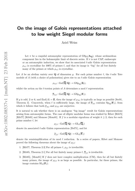 (PDF) On the image of Galois representations attached to low weight Siegel modular forms