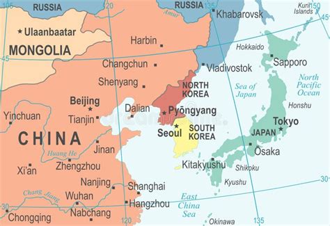 North Korea South Korea Japan China Russia Mongolia Map - Vector ...