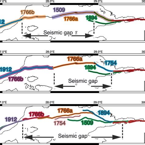 Rupture zones of the historical earthquakes and the seismic gap based... | Download Scientific ...