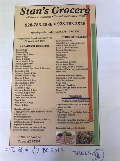 Online Menu of Stans Grocery Restaurant, Yuma, Arizona, 85364 - Zmenu