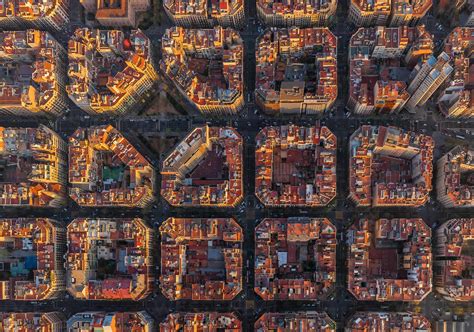 Aerial view above of Barcelona superblocks, Spain. stock photo