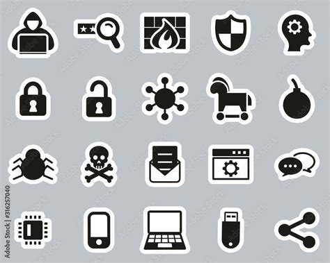 Hacker Icons Black & White Sticker Set Big Stock Vector | Adobe Stock