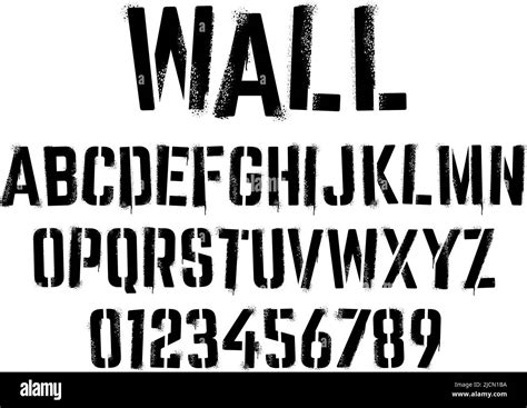 Stencil graffiti font. Aerosol spray text with grunge grain texture, paint splatter letters and ...