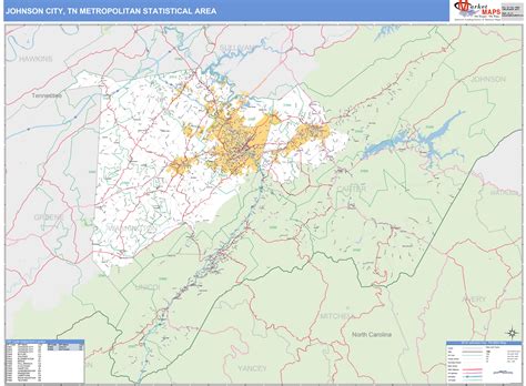 Johnson City, TN Metro Area Wall Map Basic Style by MarketMAPS - MapSales.com