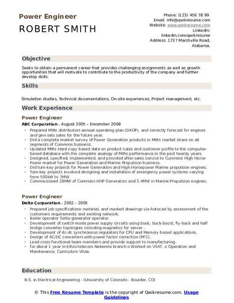 Power Engineer Resume Samples | QwikResume