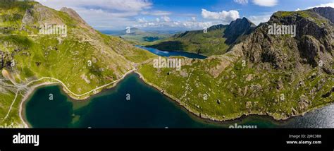 Aerial view of beautiful mountain lakes and hiking trails (Miners and ...