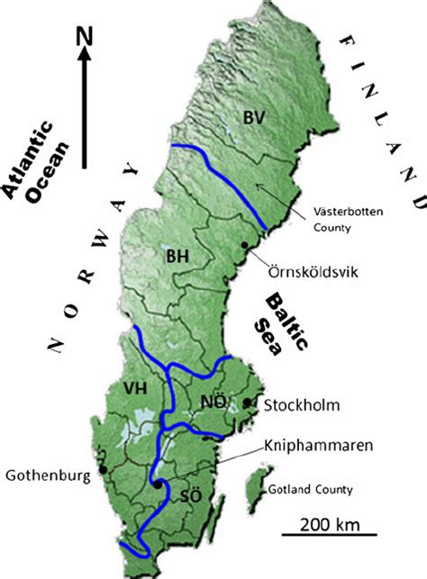 Map of Sweden showing the natural boundaries of the fi ve water ...