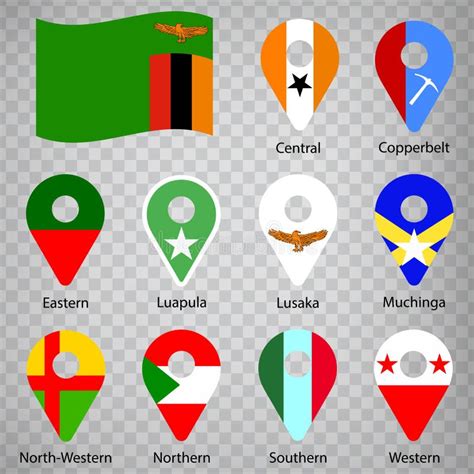 Ten Flags the Provinces of Zambia - Alphabetical Order with Name. Set of 2d Geolocation Signs ...