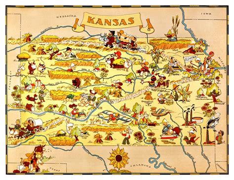 KANSAS MAP High Res Digital Image Fun Picture Map to Print and Frame Put on Totes, Pillows ...