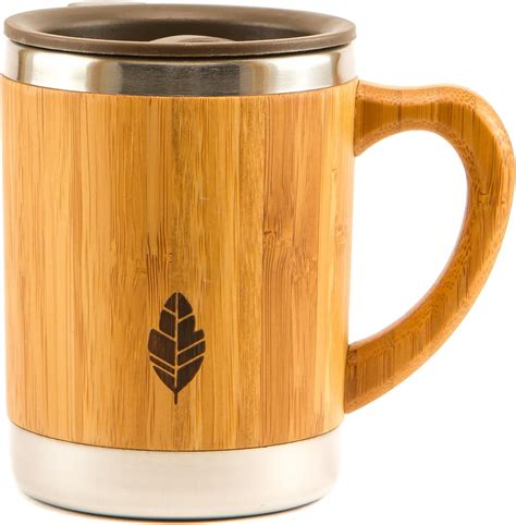 Amazon.com: MyHomeIdeas Stainless Steel Bamboo Mug with Lid and Handle - Natural Wood Wooden ...