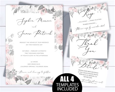 Blush Floral Wedding Invitation Templates Gray Wedding | Etsy | Floral wedding invitations, Grey ...