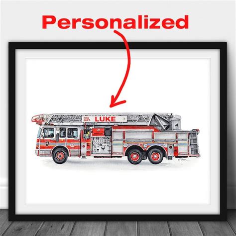 Personalized Fire Truck Art Print Fire house decor Red Fire | Etsy