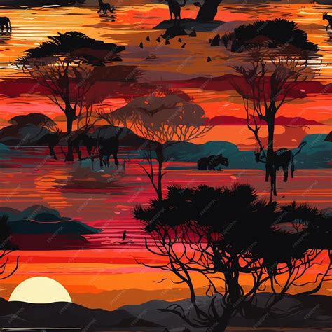 Premium AI Image | A painting of a forest with a sunset in the background.