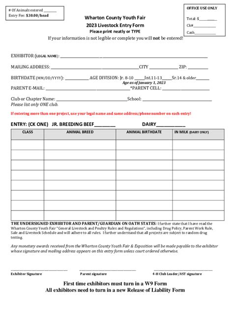 Fillable Online Wharton County Youth Fair 2023 Livestock Entry Form ...