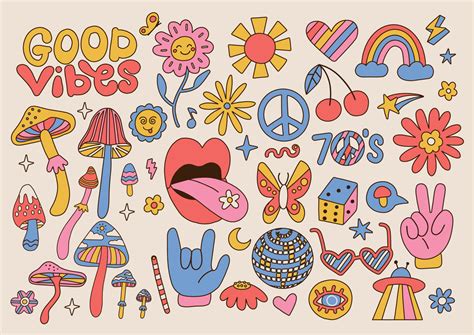 Big set of Retro 70s groovy elements, cute funky hippy stickers ...