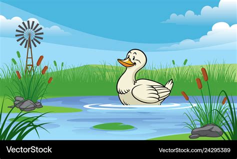 Duck in the pond with cartoon style Royalty Free Vector