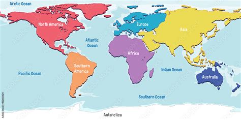 World map with continents names and oceans Stock ベクター | Adobe Stock