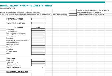 Rental Property Profit & Loss Statement for Clients — Nuventure CPA LLC