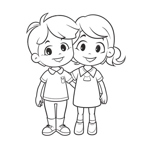 Child Coloring Page With Two Drawing Of Happy Cute Kids Outline Sketch Vector, Wing Drawing ...