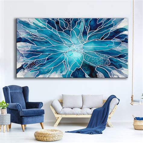 Luxurious Extra Large Framed canvas Wall Art, Abstract Blue Flower