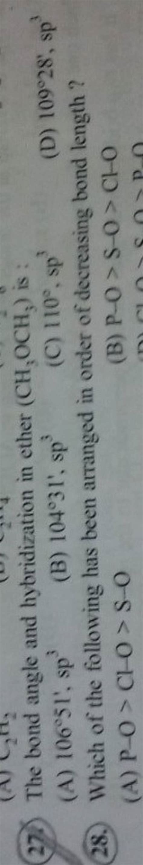 The bond angle and hybridization in ether (CH3 OCH3 ) is : | Filo