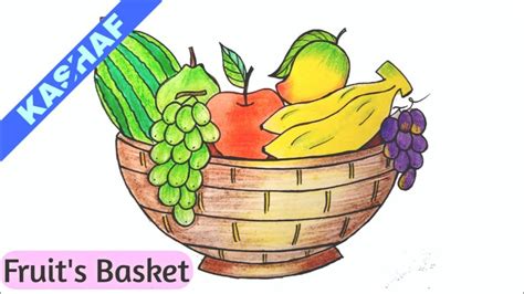 Step By Step Fruits Basket Drawing For Kids | Banana, Apple, Watermelon ...