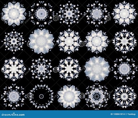 Set of White Snowflakes on Black Background Stock Photo - Image of ...