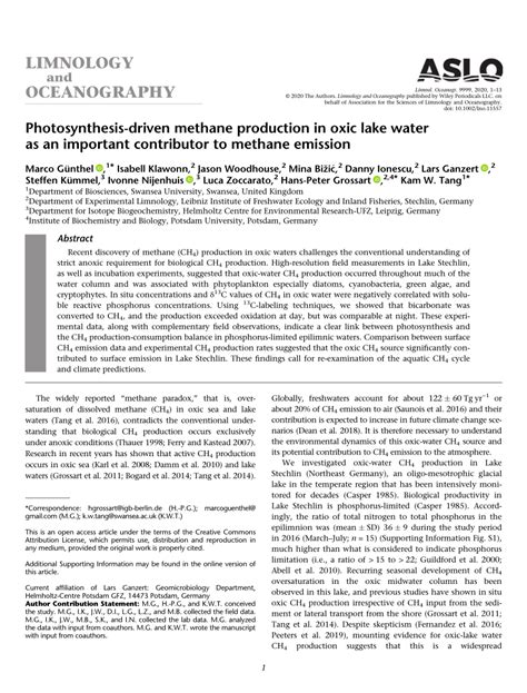 (PDF) Photosynthesis-driven methane production in oxic lake water as an important contributor to ...