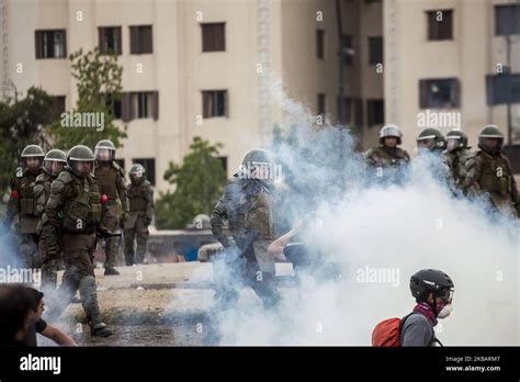 Santiago, Chile. 11 November 2019. Anti-riot police confronts protesters. With a massive march ...