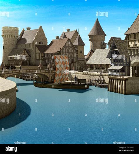 Reconstruction of a Medieval harbor, port with a bridge, town and wooden docks, 3d render Stock ...