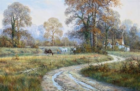 Oil Painting of Rural English Countryside Scene with Horses & Cottage ...