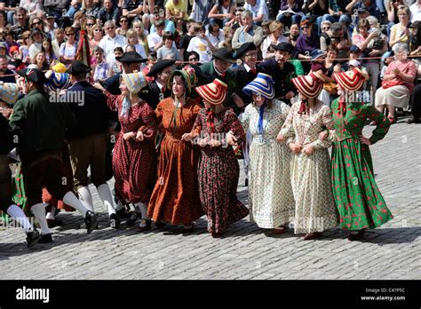 medieval festival parade Meistertrunk in ancient old city Rothenburg ob ...