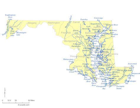 State of Maryland Water Feature Map and list of county Lakes, Rivers ...