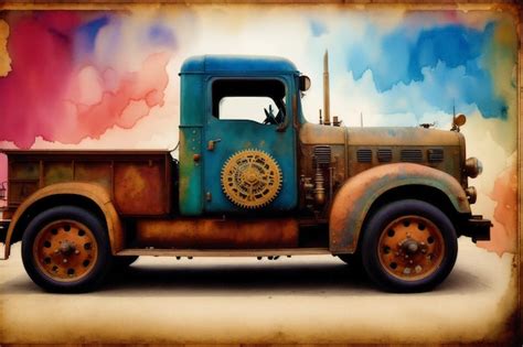 Premium AI Image | A painting of a blue truck with a blue truck with a red logo on the side.