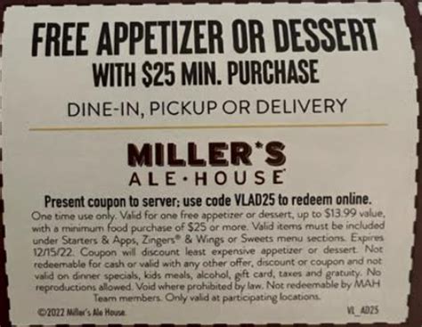 Miller's Ale House Coupon Code: Free Appetizer or Dessert with $25 min purcha