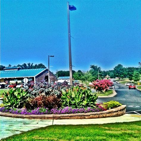 a street with cars parked on the side of it next to a flower bed and flag pole