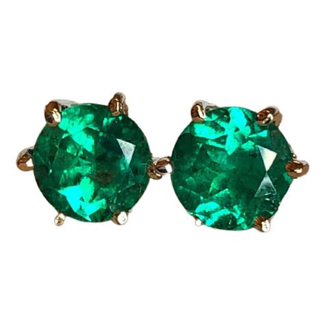 Round Cut 1.05 Carat Fine Colombian Emerald Stud Earrings 18k Yellow ...