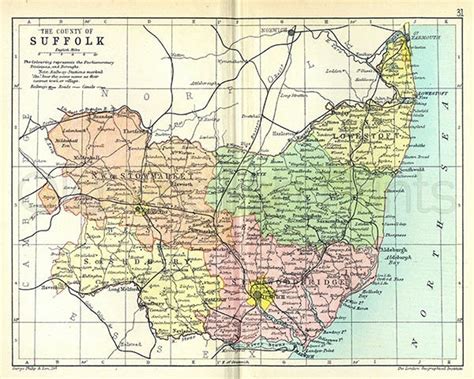 Suffolk 1895 Antique English County Map of Suffolk Canvas - Etsy