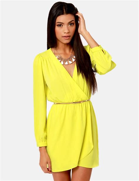 Neon Yellow Long Sleeve V Neck Dress - Sheinside.com | Vestidos amarelo ...