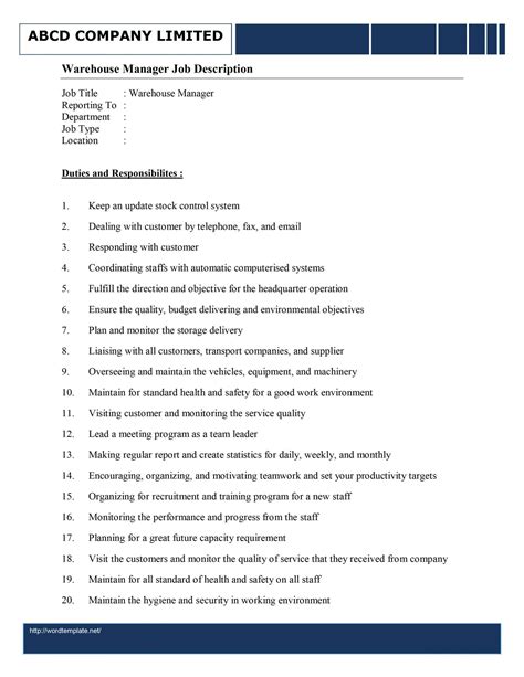 Browse Our Image of Warehouse Manager Job Description Template for Free ...