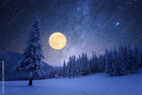 Winter night with starry sky and full moon Stock Photo | Adobe Stock