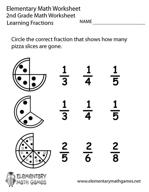 Free Printable Learning Fractions Worksheet for Second Grade