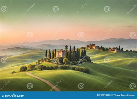 Vector Illustration.Tuscany Landscape at Sunset. Italy, Europe Stock Illustration - Illustration ...