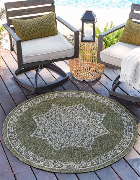 Green 122cm x 122cm Outdoor Traditional Round Rug | AU Rugs