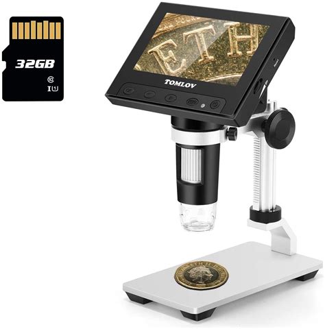 TOMLOV 4.3" LCD Digital Microscope, 50X-1000X Magnification Coin Microscope with Metal Stand, 8 ...