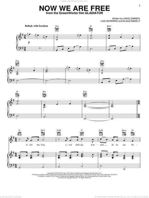 Now We Are Free sheet music for voice, piano or guitar (PDF)